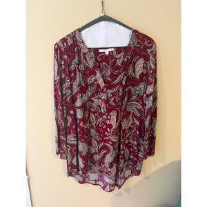 Fun2Fun Paisley Blouse Burgundy Red Boho Split Neck Top Large